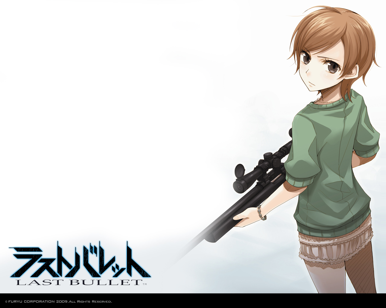 ayakura juu, hibiki karin, last bullet, brown eyes, brown hair, gun, pantyhose, rifle, scope, short hair, solo, weapon
