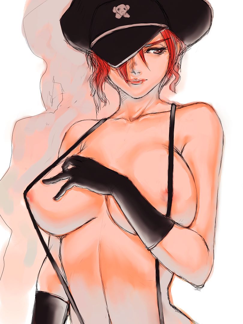 fumio (rsqkr), chocolate misu, bakuretsu hunters, 1girl, breasts, brown eyes, collarbone, dominatrix, female focus, gloves, hair over one eye, hat, hat over one eye, huge breasts, large breasts, lips, lipstick, makeup, naked suspenders, one eye covered, red eyes, red hair, revealing clothes, shadow, short hair, solo, suspenders, topless female