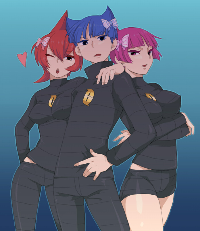 toudou charo, tr, jupiter (pokemon), mars (pokemon), saturn (pokemon), nintendo, pokemon, uniform, bad id, bad pixiv id, 1boy, 2girls, blue eyes, blue hair, bow, covered erect nipples, crossed arms, hair bow, hair up, heart, multiple girls, one eye closed, pink eyes, purple hair, red eyes, red hair, short hair, shorts, team galactic, wink