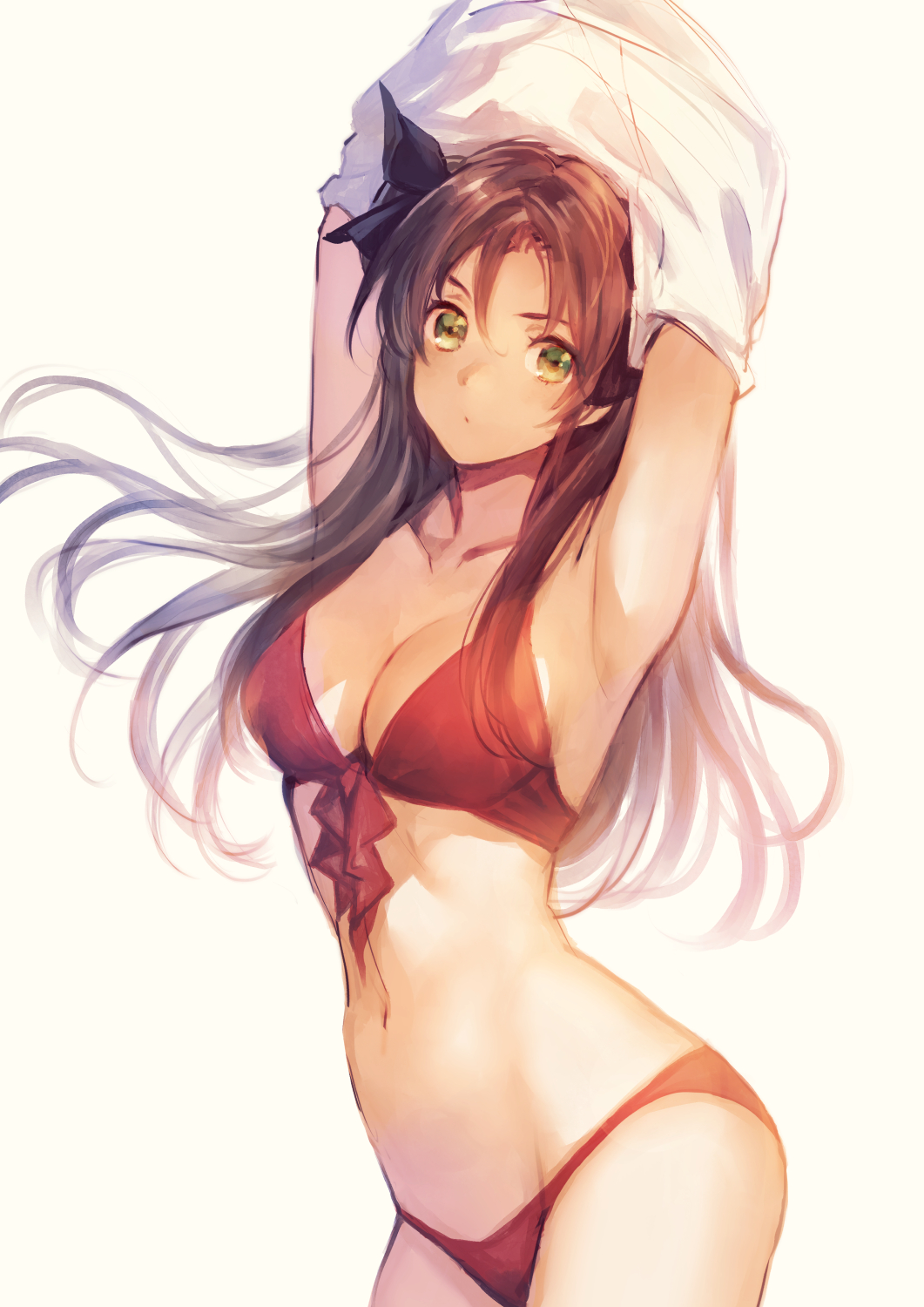 fujikawa akira, tohsaka rin, fate/stay night, fate (series), highres, 1girl, armpits, arms up, bikini, blush, breasts, brown hair, cleavage, front-tie top, green eyes, hair ribbon, long hair, medium breasts, navel, red bikini, ribbon, simple background, solo, swimsuit, two side up, undressing, white background
