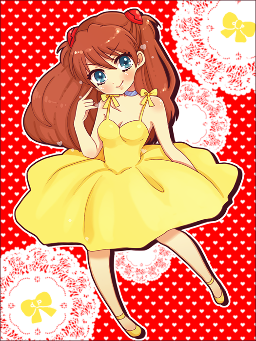 pinkmm, souryuu asuka langley, evangelion: 2.0 you can (not) advance, neon genesis evangelion, rebuild of evangelion, bad id, bad pixiv id, 00s, 1girl, blue eyes, blush, chibi, choker, dress, female focus, hair ornament, hairclip, heart, heart background, red background, red hair, solo, yellow dress