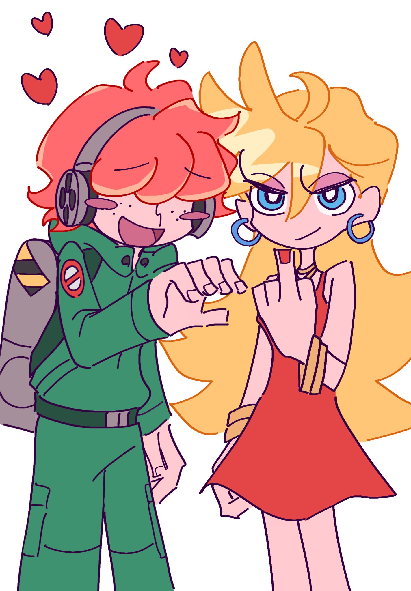 wpous121, brief (psg), panty (psg), panty & stocking with garterbelt, highres, 1boy, 1girl, blonde hair, blue eyes, blush, bow, breasts, colored inner hair, couple, dress, earrings, freckles, ghostbusters uniform, green hoodie, hair over eyes, headphones, hetero, hood, hoodie, jewelry, long hair, looking at viewer, middle finger, multicolored hair, official style, orange hair, red dress, siblings, sisters, skirt, smile, striped clothes, striped thighhighs, thighhighs, two-tone hair