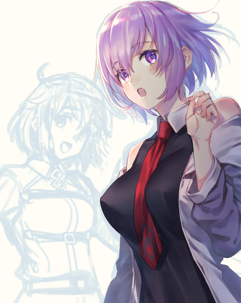 fujikawa akira, fujimaru ritsuka (female), mash kyrielight, fate/grand order, fate (series), 2girls, :o, bare shoulders, blush, breasts, collared shirt, covered erect nipples, hair over one eye, large breasts, looking at viewer, multiple girls, necktie, open mouth, purple eyes, purple hair, red necktie, shirt, short hair, simple background, sleeveless, sleeveless shirt, smile, solo focus, white background