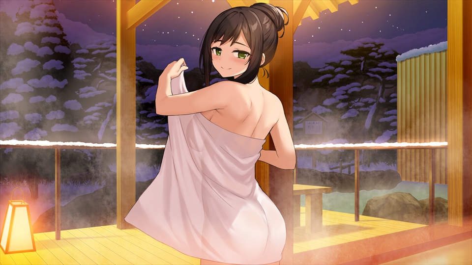 saion-ji enju, moe! ninja girls, game cg, official art, third-party source, 1girl, ass, back, bare arms, bare shoulders, blush, breasts, brown hair, closed mouth, cowboy shot, from behind, green eyes, hair bun, large breasts, looking at viewer, looking back, naked towel, night, onsen, sidelocks, single hair bun, sky, smile, solo, standing, star (sky), starry sky, towel, tree, winter