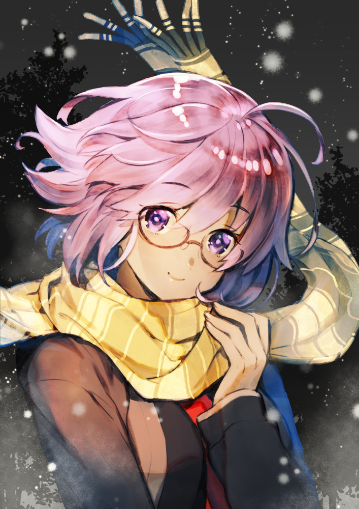 fujikawa akira, mash kyrielight, fate/grand order, fate (series), 1girl, ahoge, black jacket, black shirt, blush, breasts, closed mouth, glasses, hand up, jacket, long sleeves, looking at viewer, necktie, night, night sky, outdoors, purple eyes, purple hair, red necktie, scarf, shirt, short hair, sky, smile, smileclosed mouth, snowing, solo, striped clothes, striped scarf, yellow scarf