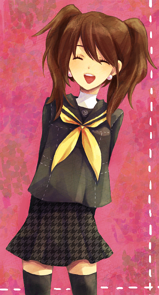 tayako, kujikawa rise, atlus, persona, persona 4, bad id, bad pixiv id, brown hair, closed eyes, school uniform, smile, solo, thighhighs, twintails