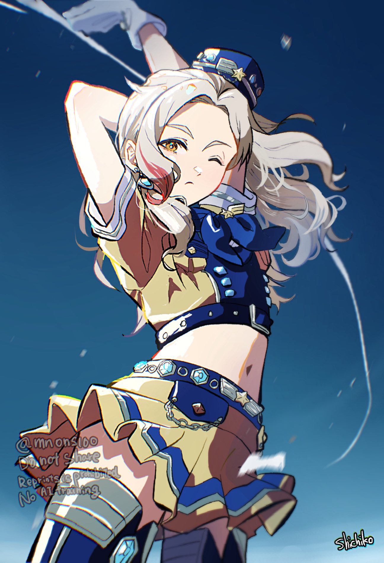 shichiko (kerori), kurosawa rin, aikatsu!, aikatsu! (series), commentary request, highres, 1girl, arm up, blonde hair, blue background, boots, brown eyes, cowboy shot, cropped shirt, floating hair, gloves, long hair, looking at viewer, miniskirt, multicolored hair, navel, one eye closed, outstretched arm, pleated skirt, shirt, short sleeves, skirt, solo, standing, streaked hair, stretching, thigh boots, white gloves, wind, yellow shirt, yellow skirt