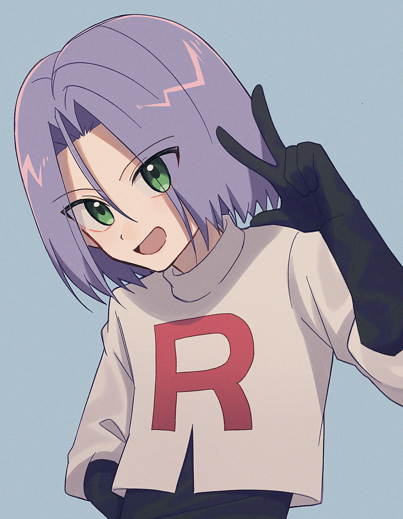 yuzutan (zvhc3728), james (pokemon), nintendo, pokemon, pokemon (anime), highres, 1boy, black gloves, gloves, green eyes, grey background, logo, looking at viewer, open mouth, purple hair, solo, solo focus, team rocket, team rocket uniform