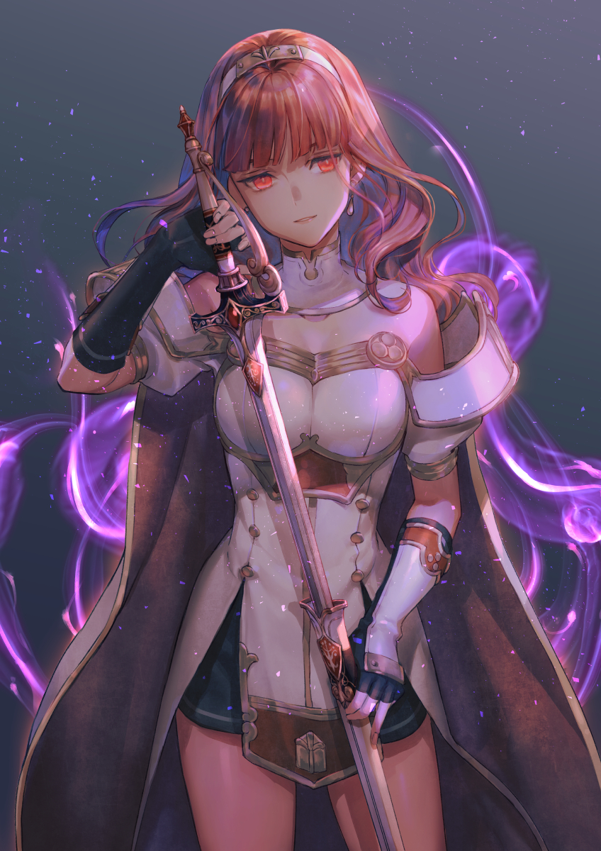 fujikawa akira, celica (fire emblem), celica (imprisoned soul) (fire emblem), duma (fire emblem), fire emblem, fire emblem echoes: shadows of valentia, fire emblem heroes, nintendo, highres, 1girl, armor, aura, bare shoulders, black gloves, black skirt, black thighhighs, blunt bangs, breastplate, breasts, buttons, cape, cleavage, corruption, cowboy shot, dark aura, dark persona, detached collar, dress, earrings, elbow gloves, fingerless gloves, gloves, gold trim, gradient background, holding, holding sword, holding weapon, jewelry, long hair, medium breasts, miniskirt, off-shoulder dress, off shoulder, orange eyes, orange hair, possessed, puffy short sleeves, puffy sleeves, red armor, red cape, red eyes, red hair, shadow, sheath, short sleeves, skirt, solo, sword, thighhighs, thighs, tiara, two-tone cape, unsheathing, weapon, white armor, white cape, white dress, wrist guards