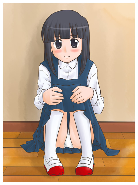 lielos, sakamoto miko, original, 1girl, black hair, blush, female focus, long hair, panties, pantyshot, purple eyes, school uniform, sitting, smile, solo, underwear