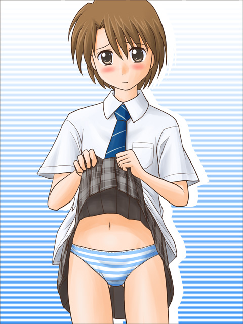 lielos, fujimoto atsuko, original, 1girl, blush, brown eyes, brown hair, clothes lift, female focus, navel, necktie, panties, school uniform, skirt, skirt lift, solo, striped clothes, striped panties, underwear, upskirt