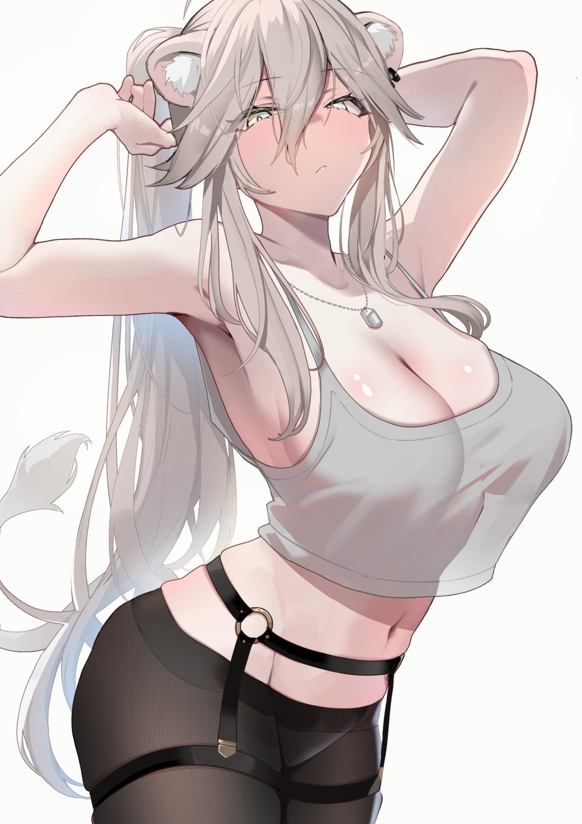 omoti (1201208), shishiro botan, hololive, commentary request, highres, 1girl, alternate costume, animal ear fluff, animal ear piercing, animal ears, armpits, arms up, black pantyhose, blue eyes, blush, breasts, cleavage, closed mouth, crop top, crop top overhang, dog tags, garter belt, garter straps, grey hair, hair between eyes, jewelry, large breasts, lion ears, lion girl, lion tail, long hair, looking at viewer, midriff, navel, necklace, o-ring garter belt, pantyhose, ponytail, see-through silhouette, sidelocks, simple background, solo, tail, tank top, virtual youtuber, white background, white tank top