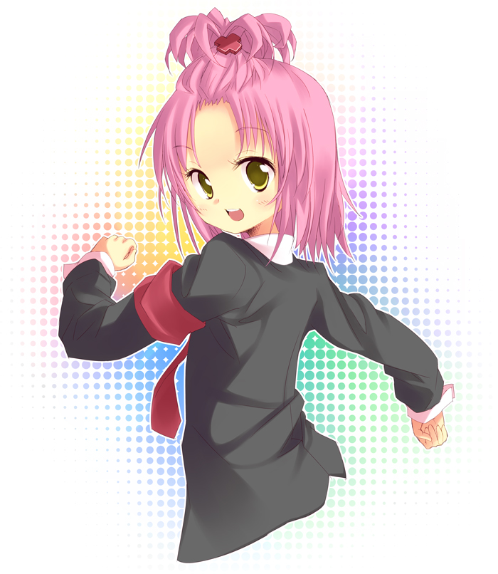 amaa (chou dennou jidai), hinamori amu, shugo chara!, 1girl, blazer, blush, brown eyes, child, cross hair ornament, female focus, hair ornament, jacket, long sleeves, looking at viewer, looking back, pink hair, short hair, solo, tareme, topknot