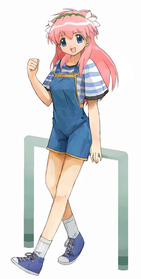 nyama, milfeulle sakuraba, galaxy angel, bad id, bad pixiv id, 00s, 1girl, :d, alternate costume, blue eyes, contemporary, female focus, long hair, open mouth, overalls, pink hair, shirt, shoes, smile, sneakers, solo, striped clothes, striped shirt