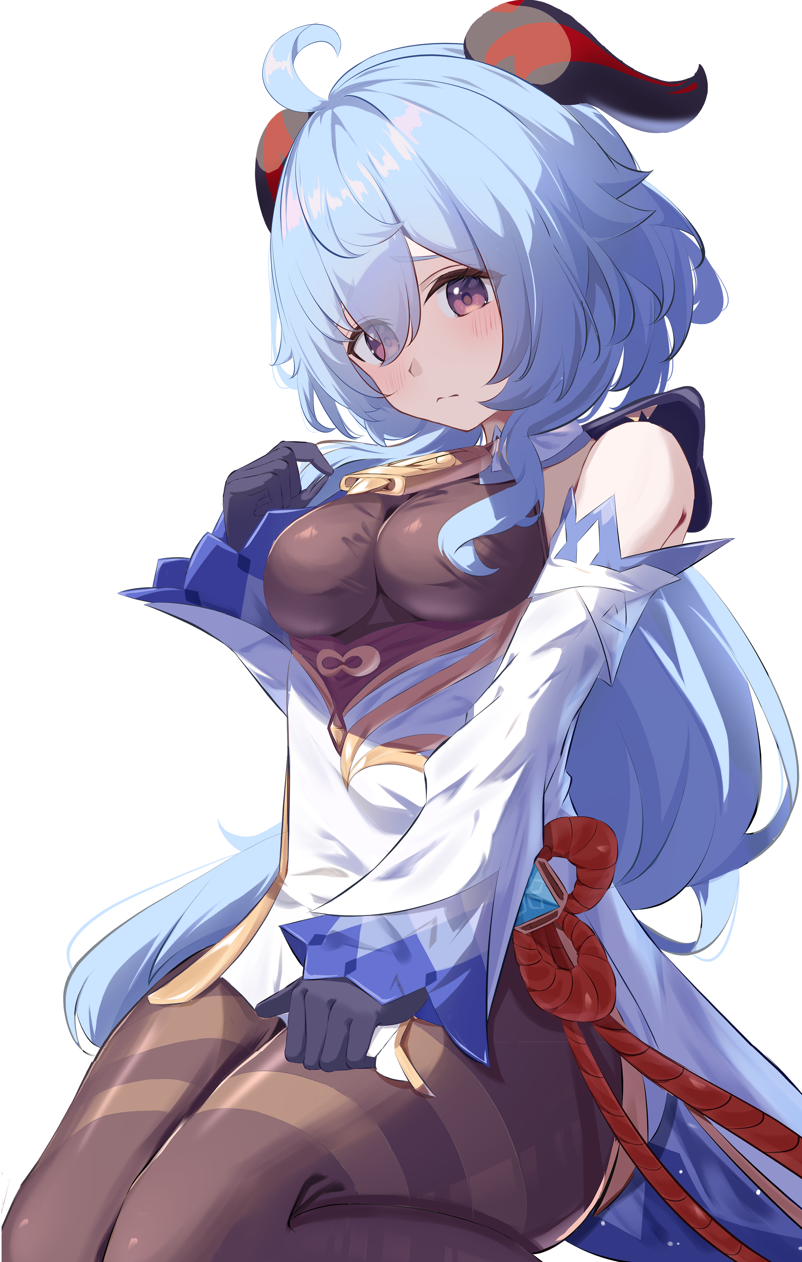 moni (moni7475), ganyu (genshin impact), genshin impact, absurdres, commentary request, highres, paid reward available, 1girl, ahoge, bare shoulders, bell, black gloves, blue hair, bodystocking, breasts, closed mouth, cowbell, detached sleeves, frown, gloves, goat horns, hair between eyes, hand up, horns, impossible bodystocking, impossible clothes, long hair, looking at viewer, looking down, medium breasts, neck bell, purple eyes, sidelocks, simple background, sitting, solo, very long hair, vision (genshin impact), white background