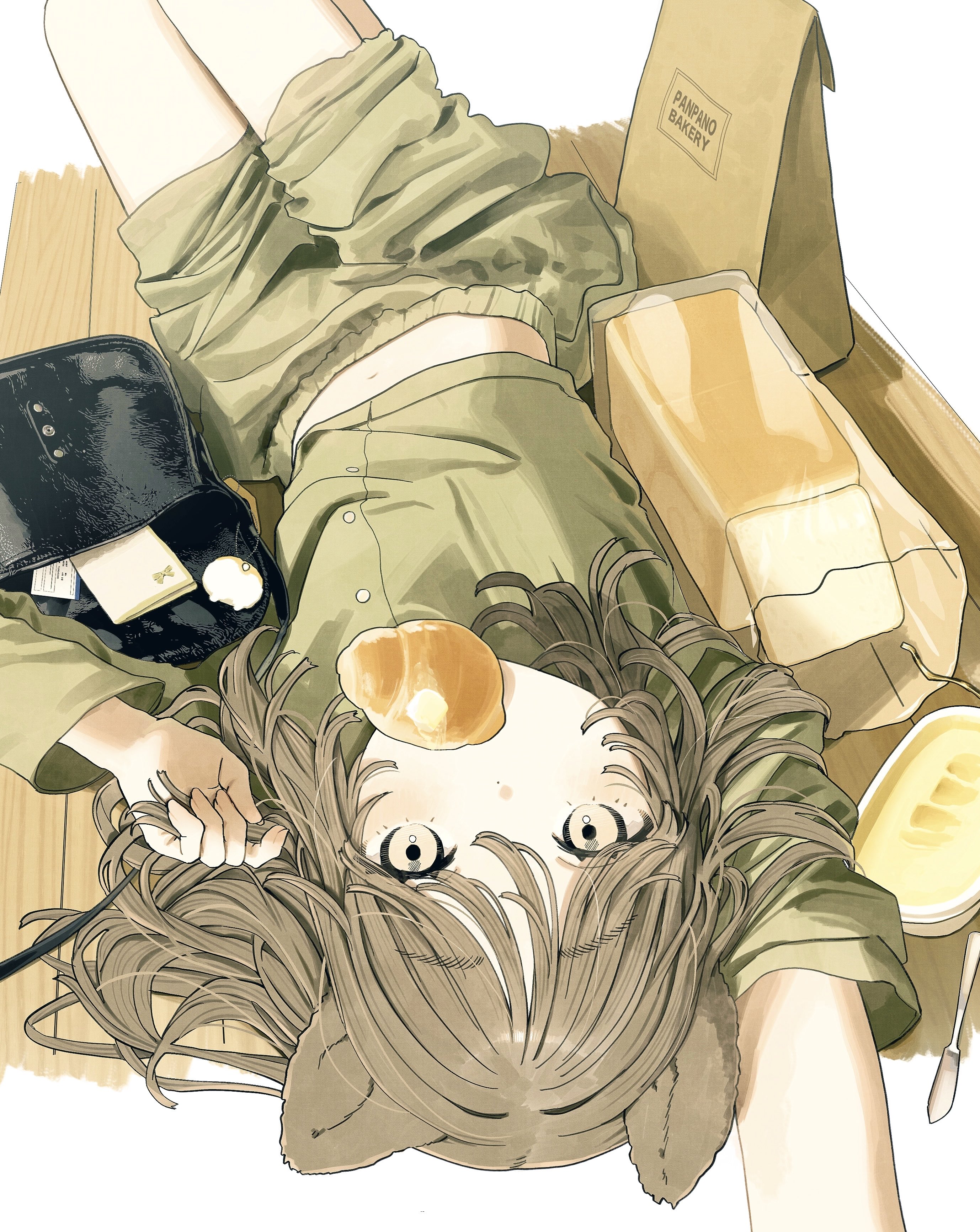 takaya riku, original, absurdres, commentary, highres, symbol-only commentary, 1girl, bread, brown eyes, brown hair, food, food in mouth, green shirt, green shorts, knees up, long hair, long sleeves, looking at viewer, lying, on stomach, pan-chan (takaya riku), shirt, shorts, solo