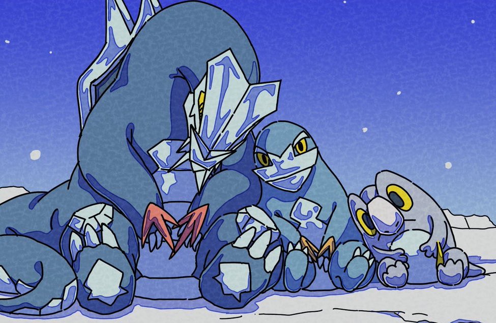 onamuzi illust, arctibax, baxcalibur, frigibax, nintendo, pokemon, blue sky, blue spine, claws, colored sclera, dragon, evolutionary line, long tail, no humans, outdoors, pokemon (creature), pokemon focus, sitting, sky, snow, spinosaurus, tail, yellow eyes, yellow sclera