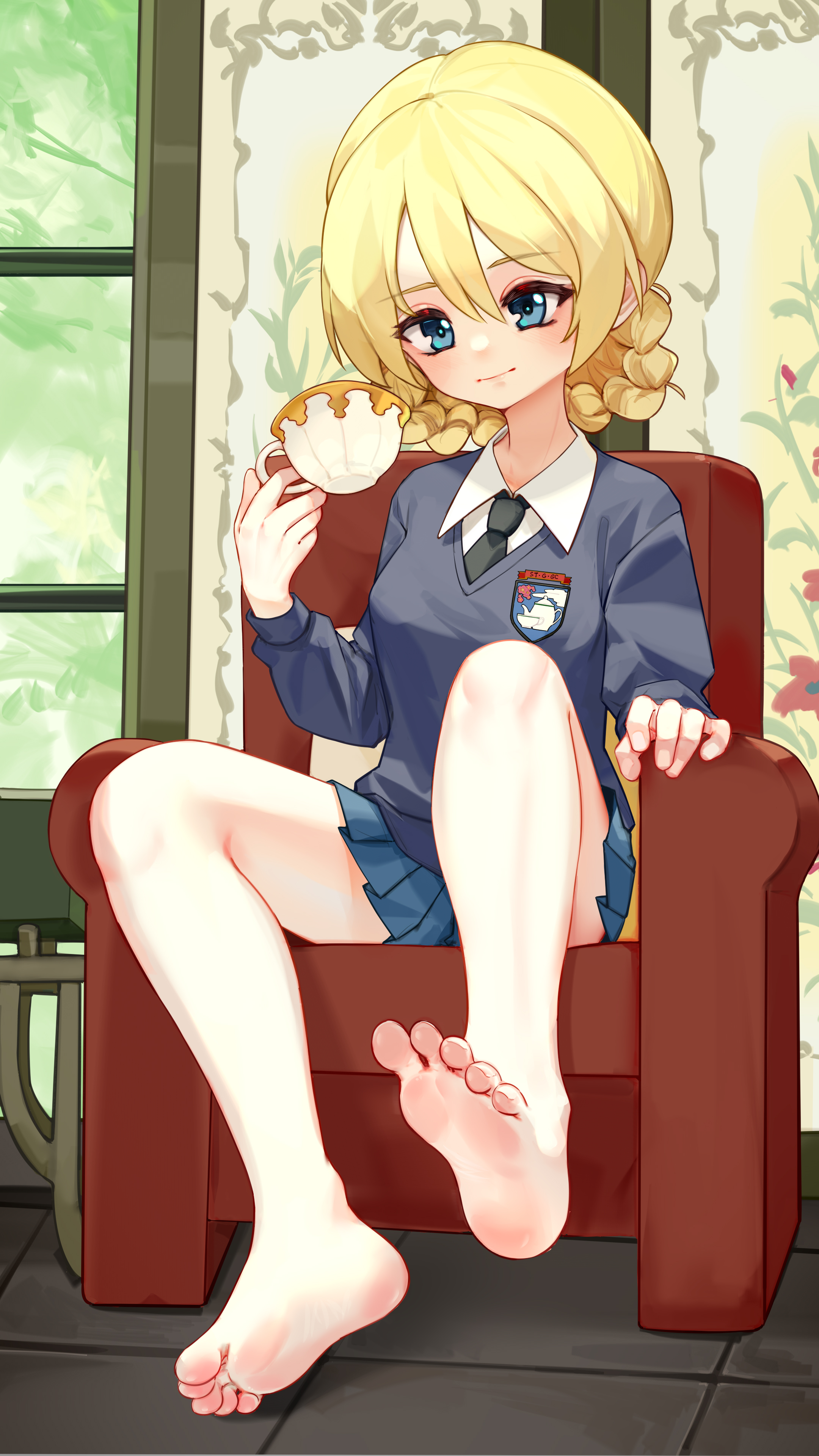 kourou (kouroukun), darjeeling (girls und panzer), girls und panzer, absurdres, commentary request, highres, 1girl, barefoot, black necktie, blonde hair, blue eyes, blue skirt, blue sweater, braid, chair, closed mouth, cup, double-parted bangs, feet, full body, hair between eyes, holding, holding cup, long hair, necktie, pleated skirt, sitting, skirt, solo, sweater, teacup, toes, wing collar