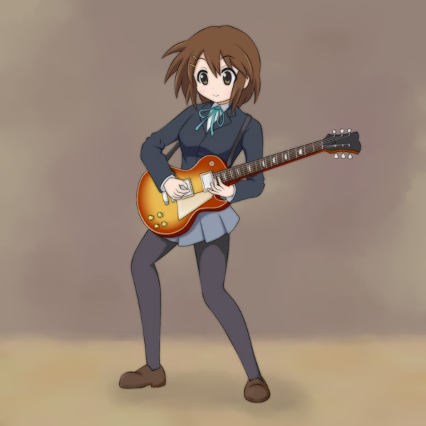 qwer, hirasawa yui, k-on!, 00s, 1girl, brown eyes, brown hair, female focus, full body, gibson les paul, guitar, instrument, pantyhose, school uniform, short hair, solo