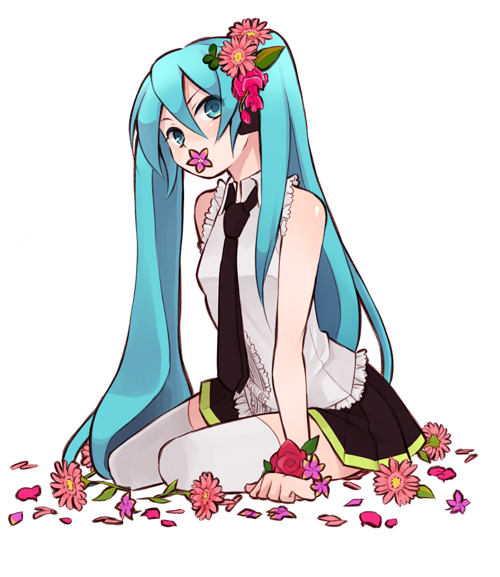 emdo (norabbit), hatsune miku, vocaloid, aqua hair, flower, long hair, necktie, solo, thighhighs, twintails