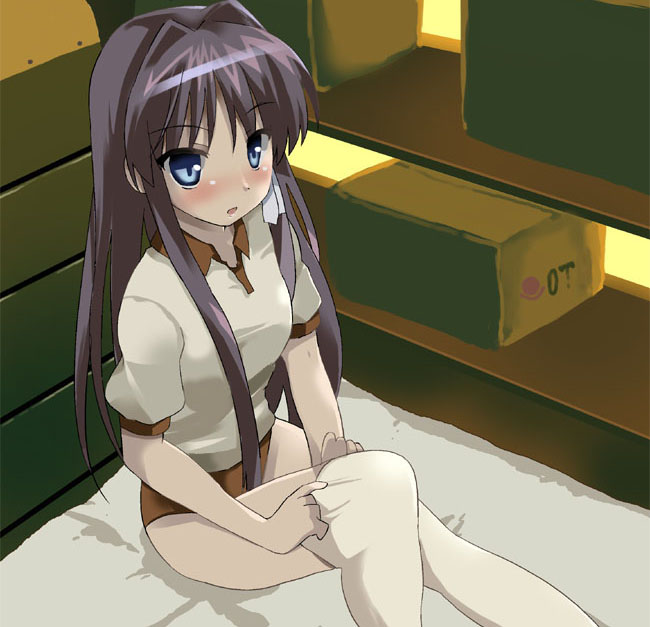 shigen, fujibayashi kyou, clannad, 00s, adjusting clothes, adjusting legwear, blue eyes, buruma, dressing, gym uniform, long hair, purple hair, solo, thighhighs