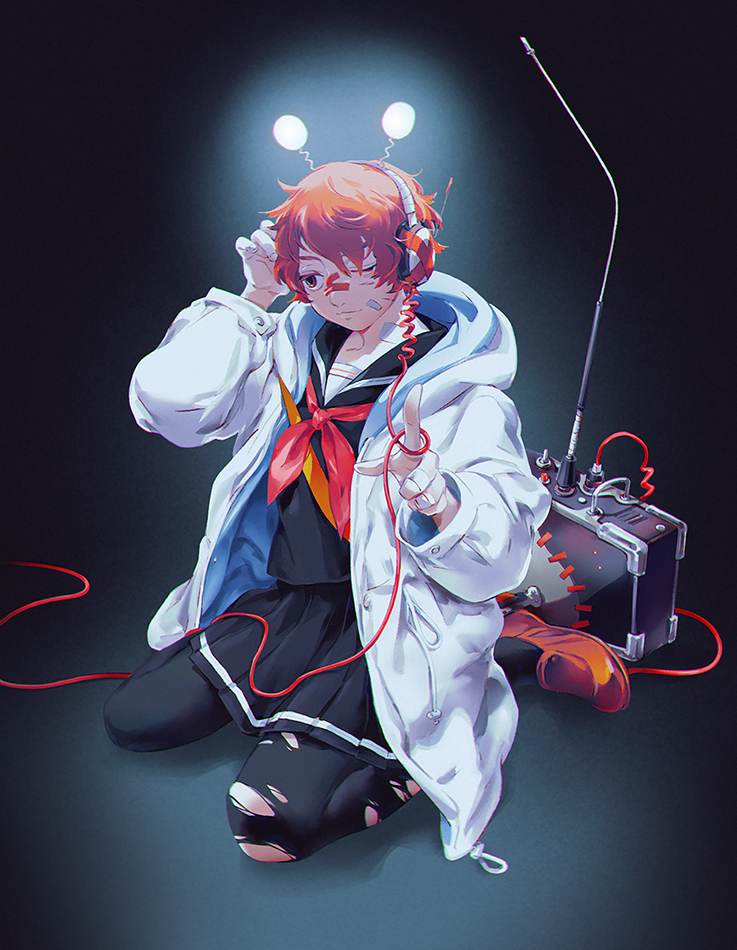 asertr, fukase, vocaloid, commentary, 1boy, ;), adjusting headphones, bandaid, bandaid on face, bandaid on nose, black pantyhose, black sailor collar, black serafuku, black shirt, black skirt, chromatic aberration, closed mouth, crossdressing, crossdressing (mtf), drawstring, fingernails, full body, glowing, hand up, headphones, hood, hood down, hooded jacket, index finger raised, jacket, looking to the side, male focus, miniskirt, neckerchief, one eye closed, open clothes, open jacket, pantyhose, pleated skirt, red eyes, red hair, red neckerchief, red shoes, sailor collar, school uniform, serafuku, shirt, shoes, short hair, sitting, skirt, smile, solo, torn clothes, torn pantyhose, wariza, white jacket