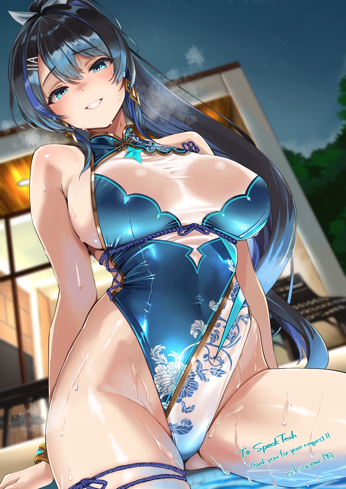 ayamo kaoru, alyssa (specktech), original, commission, highres, 1girl, adapted costume, black hair, blue hair, blue one-piece swimsuit, blush, bow, breasts, china dress, chinese clothes, commissioner name, covered navel, dress, hair bow, hair ornament, hairclip, highleg, highleg one-piece swimsuit, large breasts, multicolored hair, night, night sky, one-piece swimsuit, outdoors, ponytail, print one-piece swimsuit, shallow water, sitting, sky, solo, swimsuit, thighs, two-tone hair, water, white bow