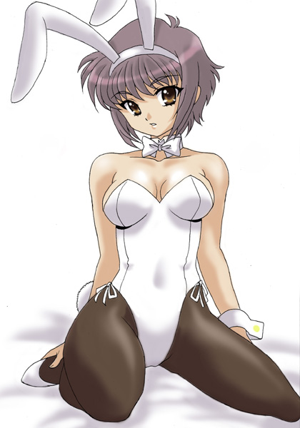 ranpu, nagato yuki, suzumiya haruhi no yuuutsu, 00s, alternate breast size (larger), animal ears, black pantyhose, brown eyes, fake animal ears, grey hair, kneeling, pantyhose, playboy bunny, rabbit ears, short hair, solo