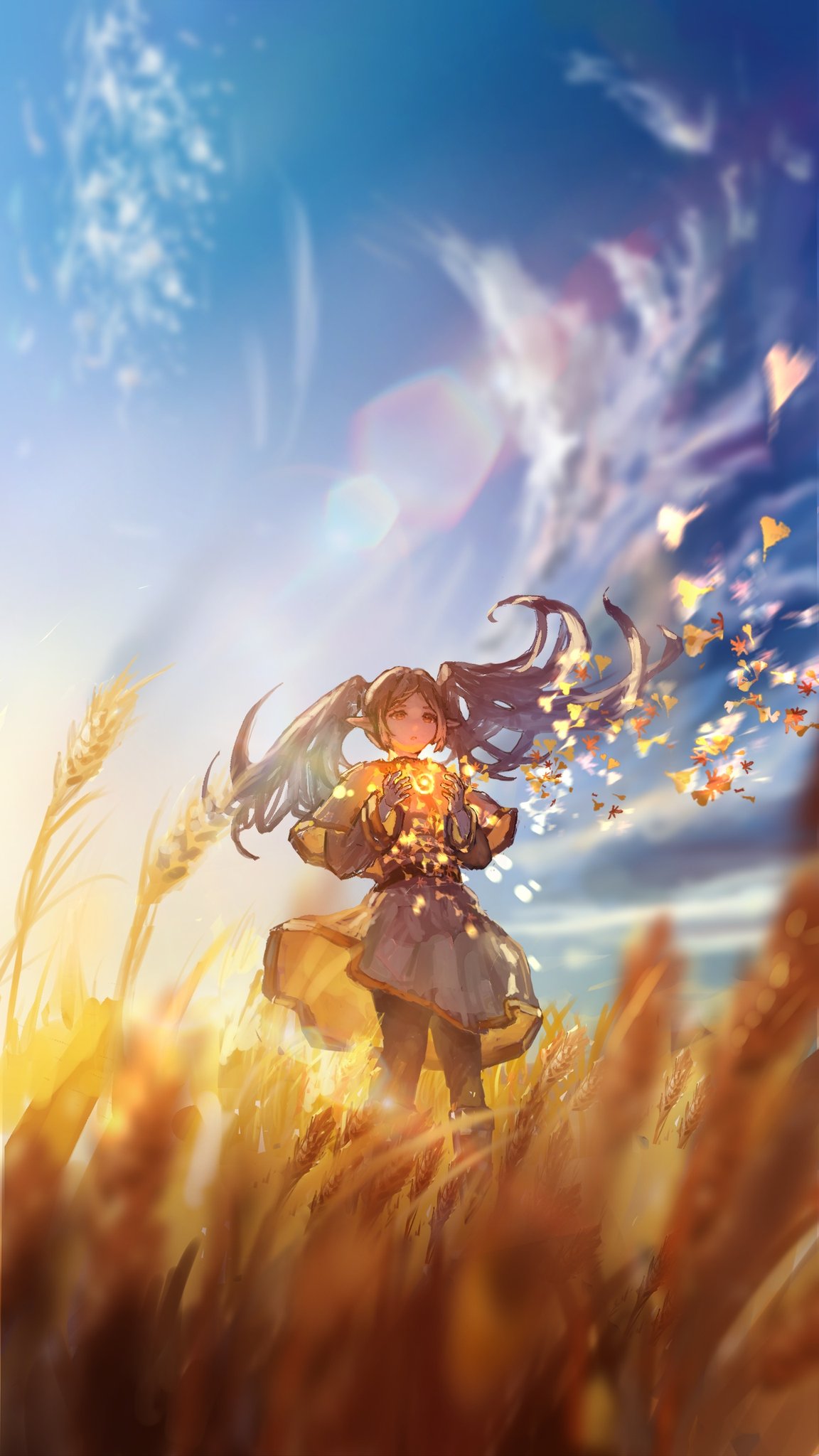 sanmen (threeface il), frieren, sousou no frieren, commentary request, highres, 1girl, black pantyhose, blue sky, capelet, cloud, day, elf, grey hair, leaf, long hair, long sleeves, outdoors, pantyhose, parted lips, pointy ears, red eyes, shirt, skirt, sky, solo, standing, twintails, wheat field, white capelet, white shirt, white skirt