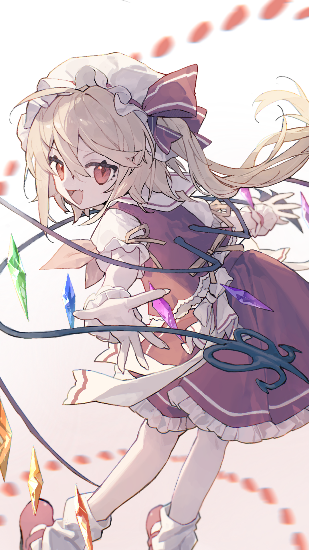 flandre scarlet, touhou, highres, 1girl, ascot, bat wings, blonde hair, blush, bow, crystal, crystal wings, hat, hat ribbon, li jia chu zou, long hair, looking at viewer, mob cap, multicolored wings, one side up, open mouth, outstretched arms, puffy short sleeves, puffy sleeves, red eyes, red skirt, red vest, ribbon, shirt, short hair, short sleeves, side ponytail, skirt, skirt set, smile, solo, spread arms, vest, white hat, wings, yellow ascot