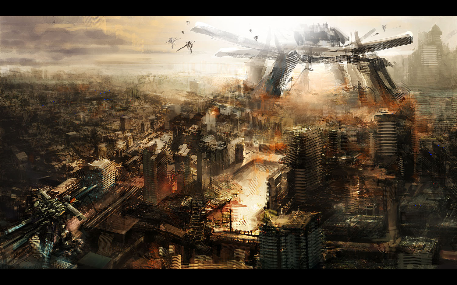 sarielw, spirit of motherwill, white glint, armored core, armored core: for answer, arms forts, fromsoftware, city, flying, letterboxed, mecha, no humans, robot, scenery