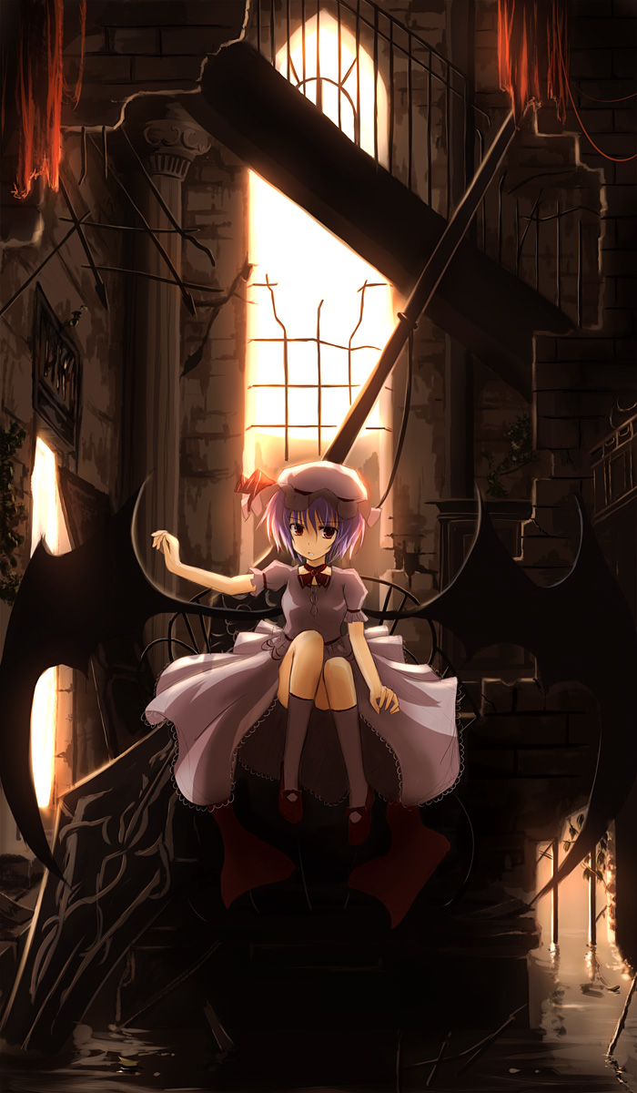 mashayuki, remilia scarlet, touhou, highres, 1girl, female focus, hat, kneehighs, purple hair, red eyes, ruins, short hair, sitting, socks, solo, sunlight, water