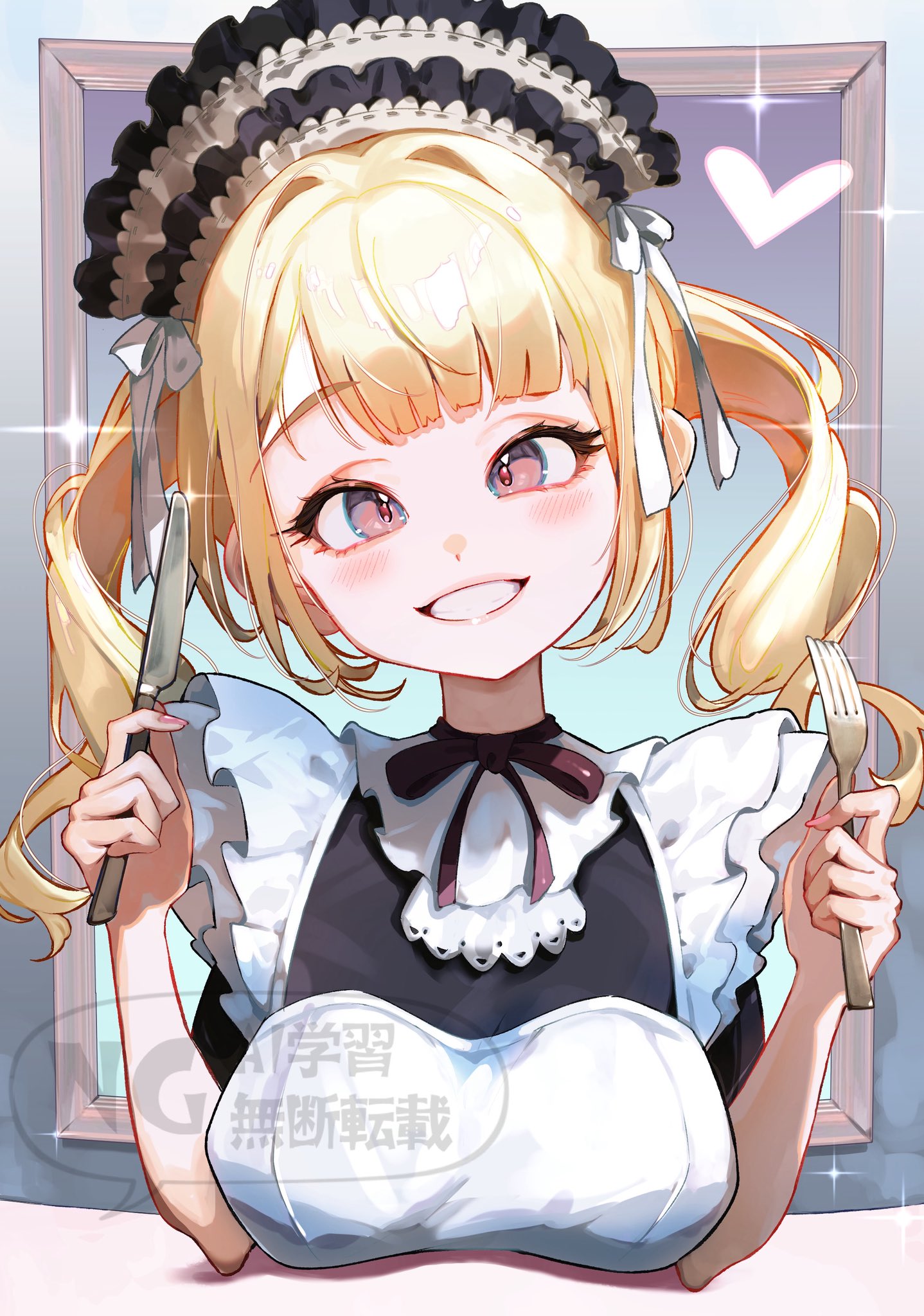 numao sub, original, commentary request, highres, 1girl, apron, blonde hair, blunt bangs, bow, breasts, curly hair, fork, grey eyes, grin, hair intakes, head tilt, holding, holding fork, holding knife, indoors, knife, looking at viewer, maid, maid headdress, medium breasts, picture frame, red bow, smile, solo, sparkle, twintails, upper body, white apron