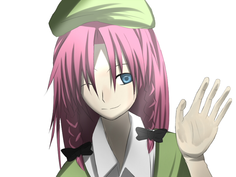 akasan, hong meiling, embodiment of scarlet devil, touhou, bad id, bad pixiv id, 1girl, blue eyes, braid, female focus, hat, one eye closed, red hair, simple background, solo, twin braids, upper body, waving, white background, wink