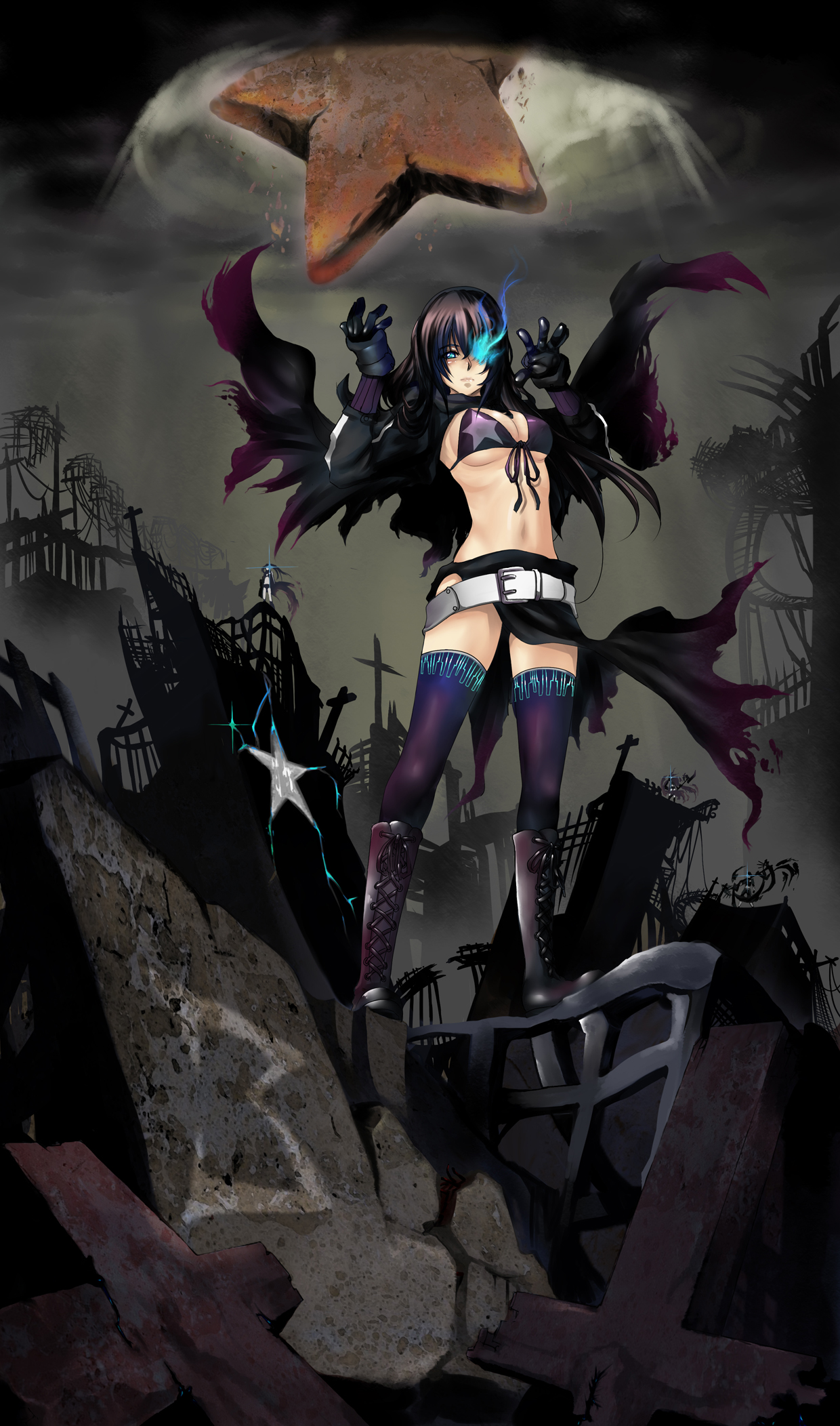 realmbw, black rock shooter (character), megurine luka, black rock shooter, vocaloid, highres, 1girl, bikini, bikini top only, black hair, black rock shooter (cosplay), boots, breasts, cape, cosplay, female focus, front-tie top, hair over one eye, large breasts, long hair, ruins, solo, star (symbol), swimsuit, thighhighs, underboob