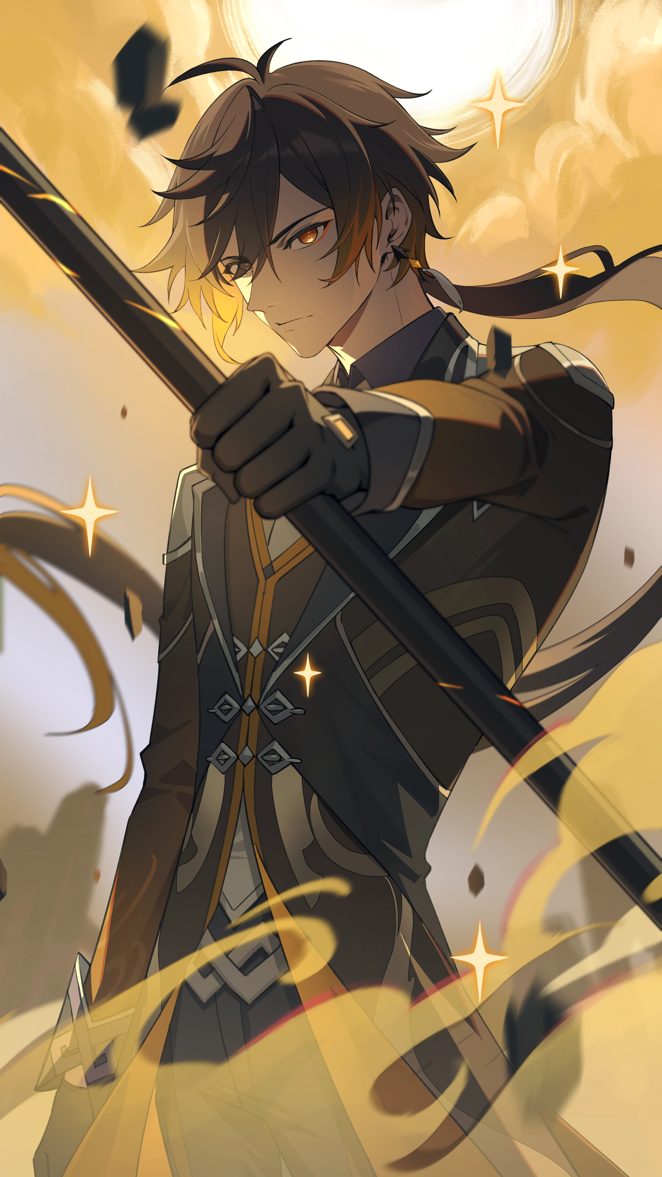 mc-sm, zhongli (genshin impact), genshin impact, absurdres, commentary request, highres, 1boy, antenna hair, black gloves, black jacket, brown hair, closed mouth, cowboy shot, earrings, expressionless, floating hair, gloves, hair between eyes, holding, holding polearm, holding weapon, jacket, jewelry, long hair, long sleeves, looking at viewer, male focus, polearm, ponytail, single earring, solo, very long hair, weapon, yellow eyes