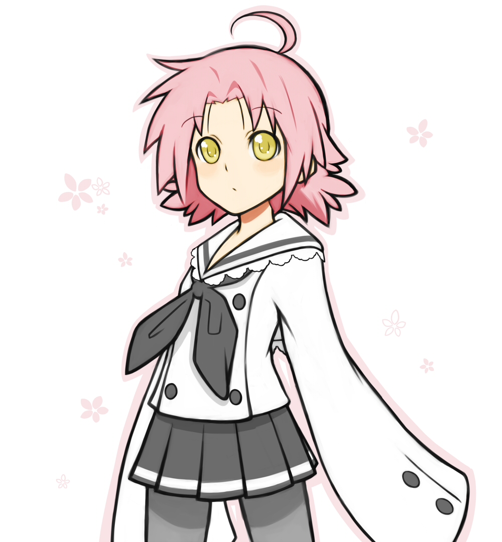 riichi, yamaden (gottamix), kogami akira, lucky star, 00s, 1girl, ahoge, female focus, long sleeves, miniskirt, oversized clothes, pantyhose, pink hair, pleated skirt, ribbon, school uniform, short hair, skirt, sleeves past wrists, solo, standing, yellow eyes