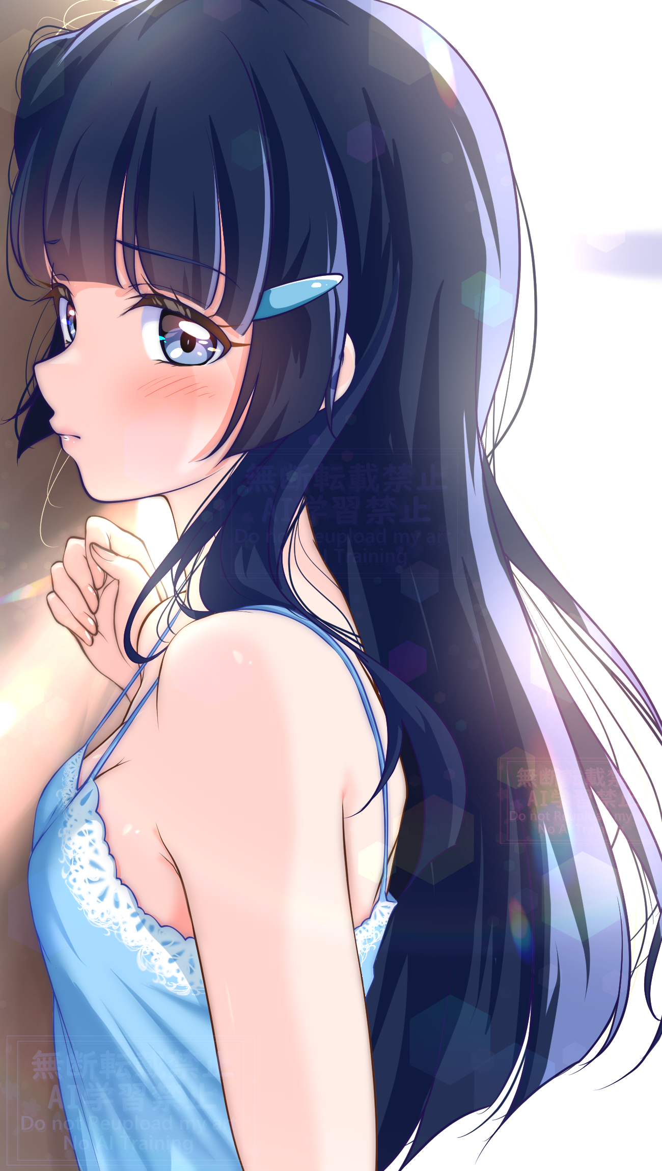 kakikakilemon, aoki reika, precure, smile precure!, highres, 1girl, blue camisole, blue eyes, blue hair, blush, breasts, camisole, collarbone, day, lips, long hair, looking at viewer, small breasts, smile, solo, underwear