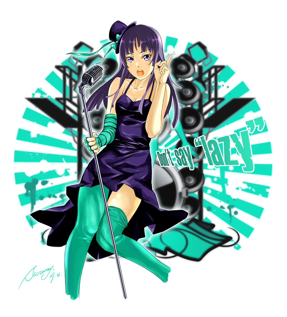sunway, akiyama mio, don't say "lazy", k-on!, highres, 00s, 1girl, 2009, dress, female focus, fingerless gloves, gloves, green nails, hat, long hair, loose thighhigh, microphone, microphone stand, mini hat, mini top hat, music, nail polish, pointing, purple eyes, purple hair, signature, singing, solo, thigh gap, thighhighs, thighs, top hat