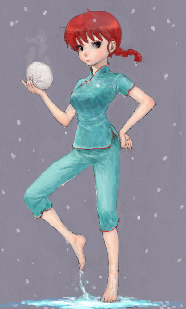 ponsuke (pon00000), ranma-chan, saotome ranma, ranma 1/2, bad id, bad pixiv id, 1girl, barefoot, braid, braided ponytail, china dress, chinese clothes, dress, feet, female focus, full body, genderswap, genderswap (mtf), red hair, single braid, snow, solo, standing, water