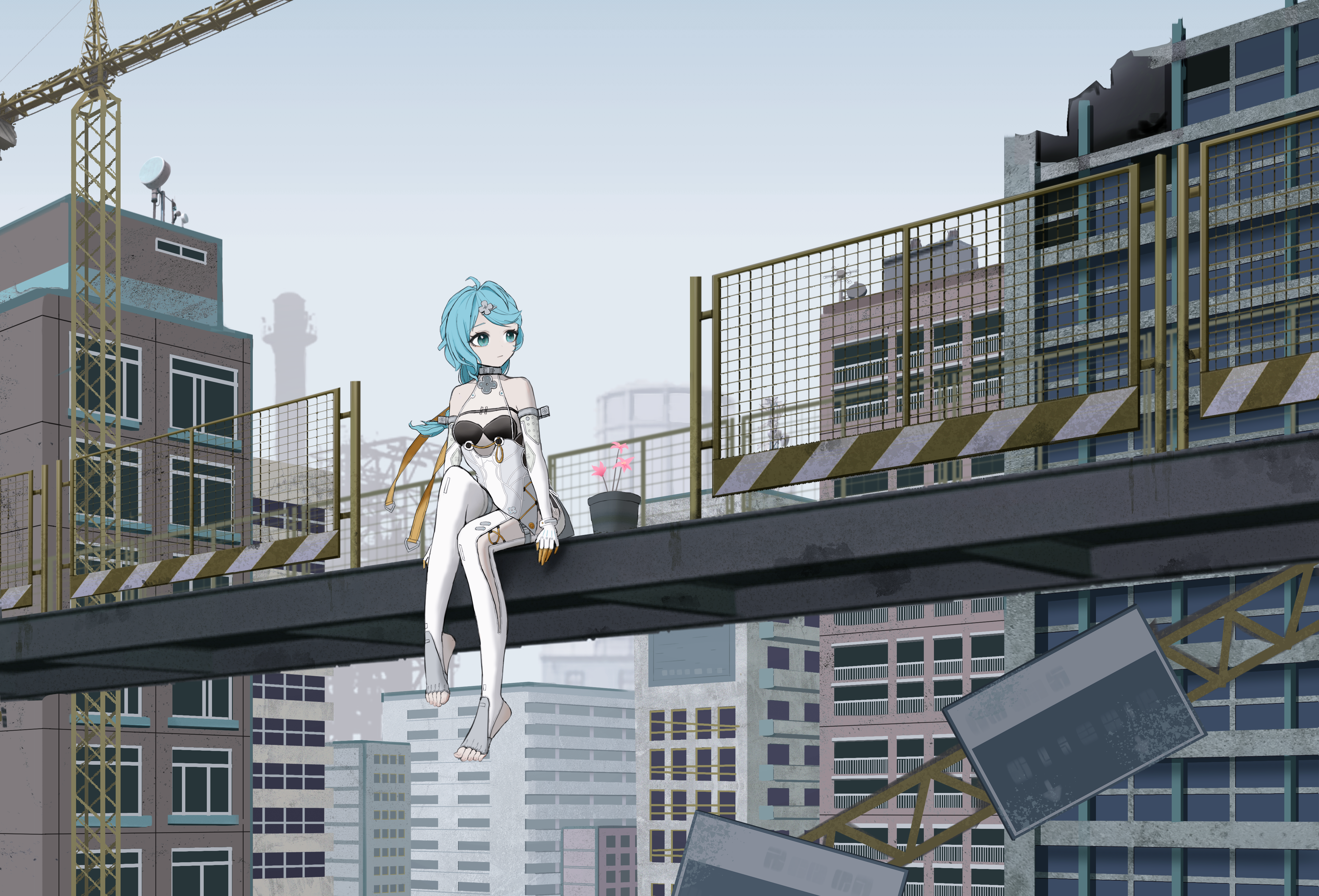 loadhe, seed (zenless zone zero), zenless zone zero, absurdres, highres, self-upload, 1girl, barefoot, blue hair, bodysuit, detached sleeves, sitting, toes