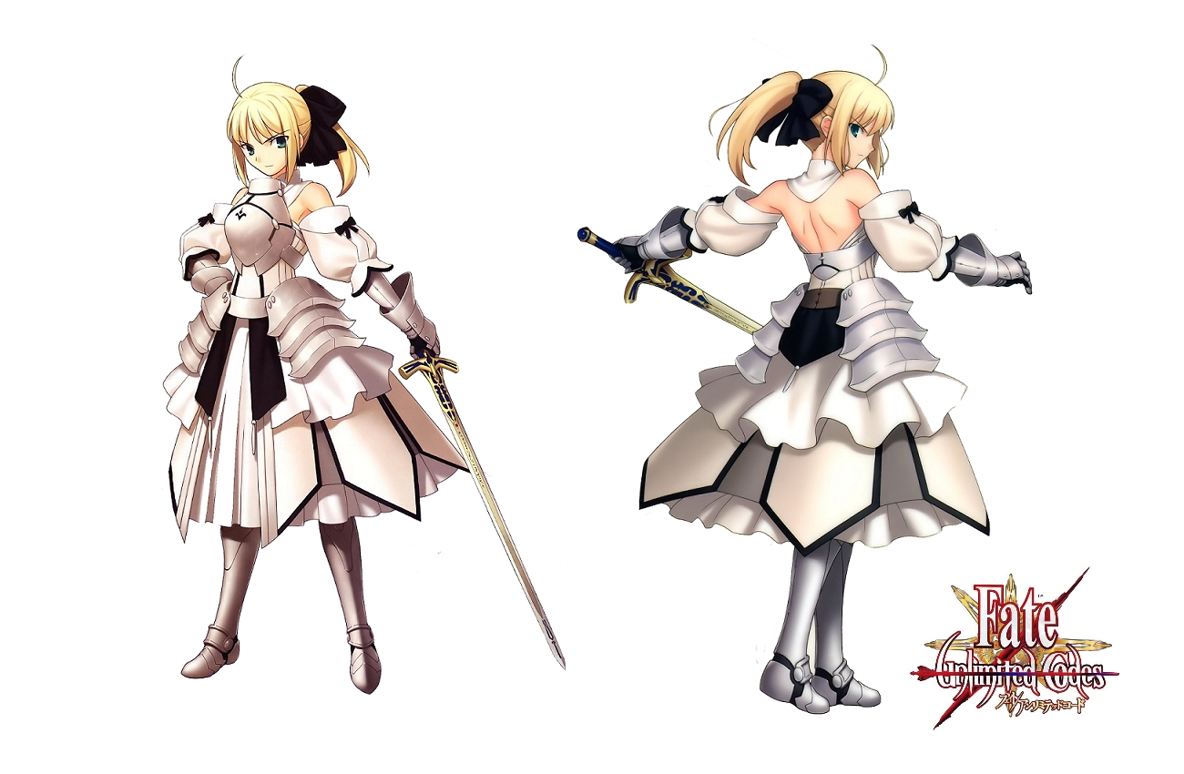 higurashi ryuuji, takeuchi takashi, artoria pendragon (fate), saber (fate), saber lily, capcom, fate/stay night, fate/unlimited codes, fate (series), type-moon, 00s, 1girl, armor, armored dress, back, bare shoulders, blonde hair, detached sleeves, dress, green eyes, hair ribbon, multiple views, ponytail, ribbon, sword, weapon