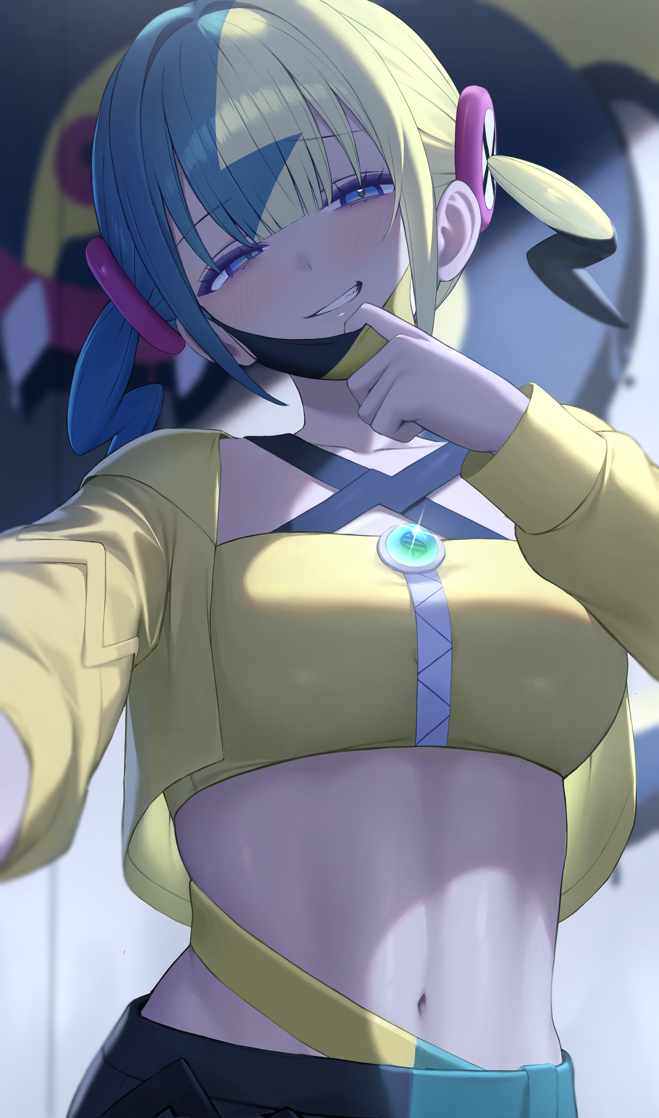 hibimaru, canari (pokemon), nintendo, pokemon, pokemon legends: z-a, absurdres, commentary request, highres, 1girl, aqua hair, black hair, black mask, black pants, blonde hair, cropped jacket, dark-skinned female, dark skin, jacket, long hair, long sleeves, looking at viewer, mask, mask pull, midriff, mouth mask, multicolored hair, navel, open clothes, open jacket, outstretched arm, pants, purple eyes, smile, smug, solo, sports bra, spread legs, stomach, twintails, two-tone mask, yellow jacket, yellow mask, yellow sports bra
