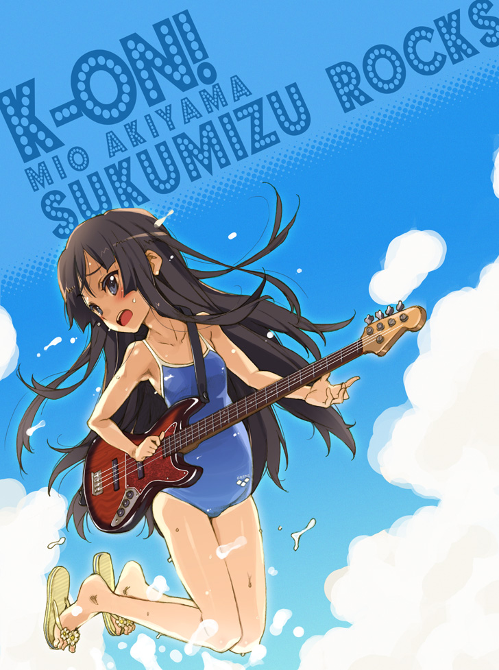 murasawa hiroshi, akiyama mio, k-on!, 00s, 1girl, bass guitar, black eyes, black hair, blunt bangs, competition school swimsuit, competition swimsuit, female focus, flip-flops, guitar, hime cut, instrument, jumping, long hair, one-piece swimsuit, outdoors, sandals, school swimsuit, sky, solo, splashing, swimsuit