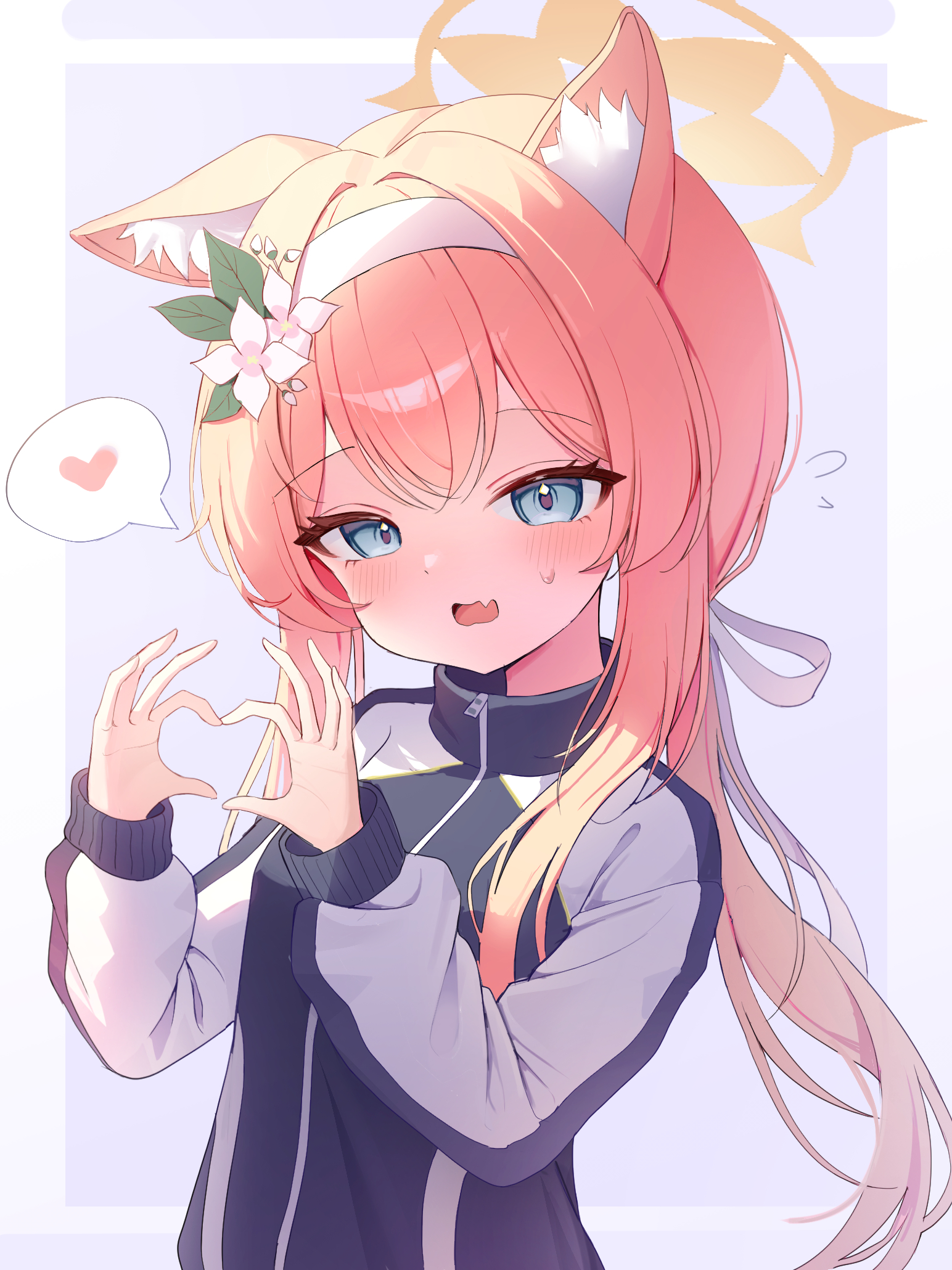 dlrkdals070707, mari (blue archive), mari (track) (blue archive), blue archive, highres, 1girl, animal ears, blonde hair, blue eyes, blush, breasts, cat ears, fang, gym uniform, halo, heart, heart hands, long hair, looking at viewer, official alternate costume, official alternate hairstyle, open mouth, small breasts, solo, upper body, yellow halo