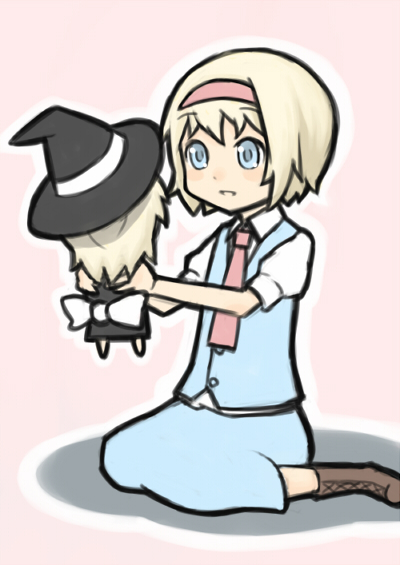 riichi, shun (nikoru555), alice margatroid, kirisame marisa, touhou, bad id, bad pixiv id, 1girl, blonde hair, blue eyes, character doll, doll, female focus, hairband, hat, ribbon, solo, witch, witch hat