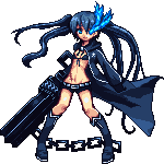 niino, black rock shooter (character), black rock shooter, lowres, 10s, 1girl, arm cannon, belt, bikini, bikini top only, black hair, blue eyes, boots, chain, female focus, flat chest, front-tie top, full body, gloves, glowing, glowing eyes, hood, jacket, knee boots, long hair, midriff, pixel art, scar, short shorts, shorts, solo, star (symbol), swimsuit, transparent background, twintails, uneven twintails, very long hair, weapon, zipper