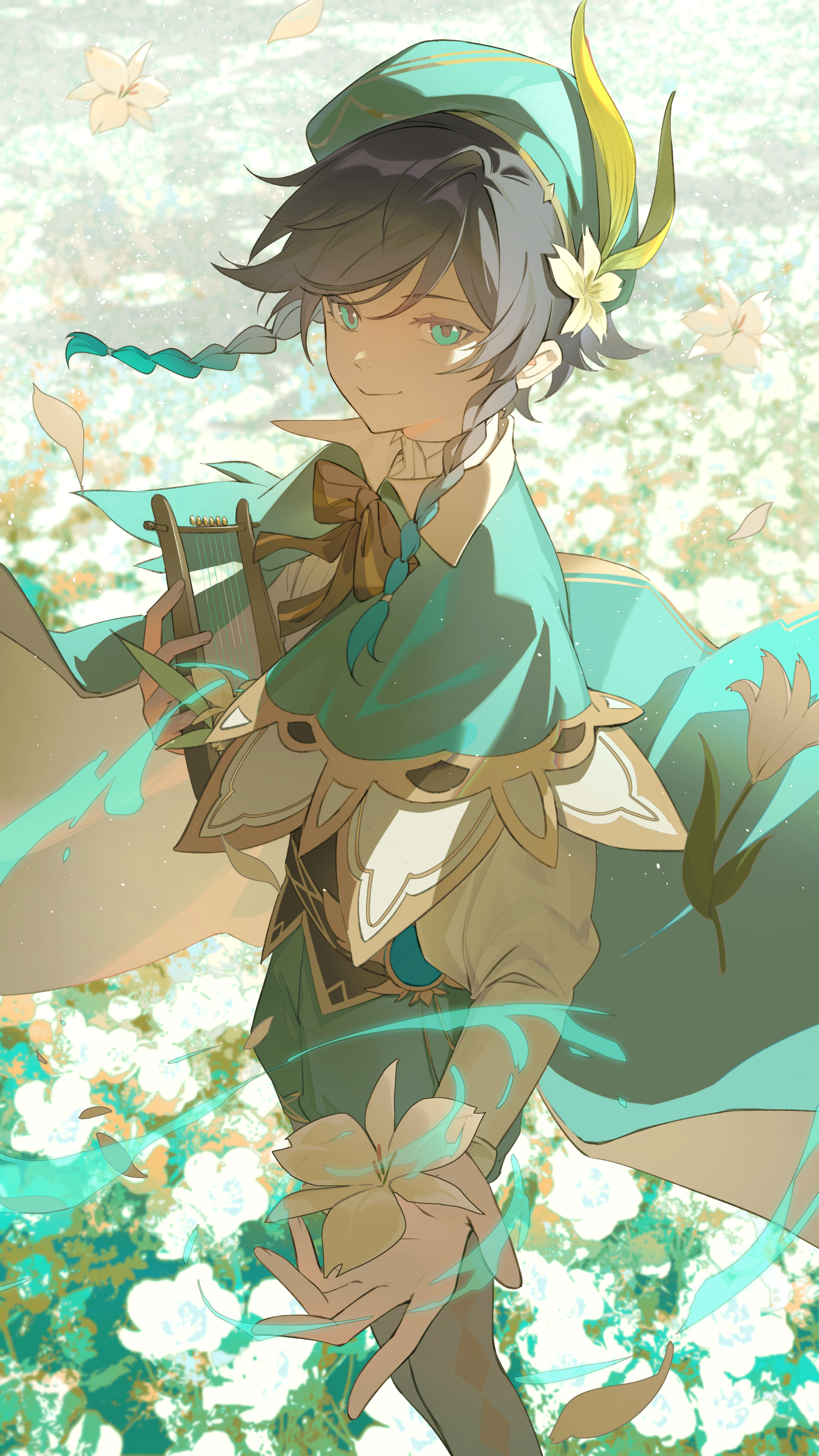 mc-sm, venti (genshin impact), genshin impact, absurdres, commentary request, highres, 1boy, aerokinesis, backlighting, bard, beret, black hair, blurry, blurry background, braid, cape, closed mouth, day, falling petals, feet out of frame, field, flower, flower field, gradient hair, green cape, green eyes, green hair, green hat, green shorts, hat, hat flower, holding, holding flower, holding instrument, holding lyre, instrument, long sleeves, looking at viewer, lyre, male focus, multicolored hair, outdoors, petals, reaching, reaching towards viewer, shirt, short hair with long locks, shorts, side braids, smile, solo, twin braids, white shirt, wind