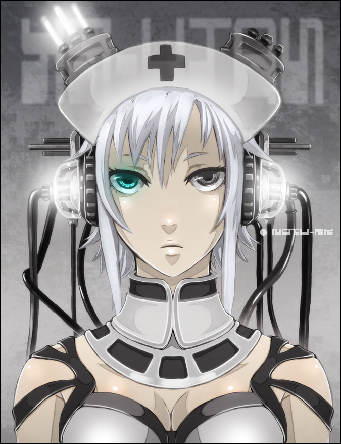 natuwaya, original, silver hair, bad id, bad pixiv id, 1girl, cable, choker, cross, female focus, green eyes, grey eyes, hat, headphones, heterochromia, nurse, nurse cap, serious, solo