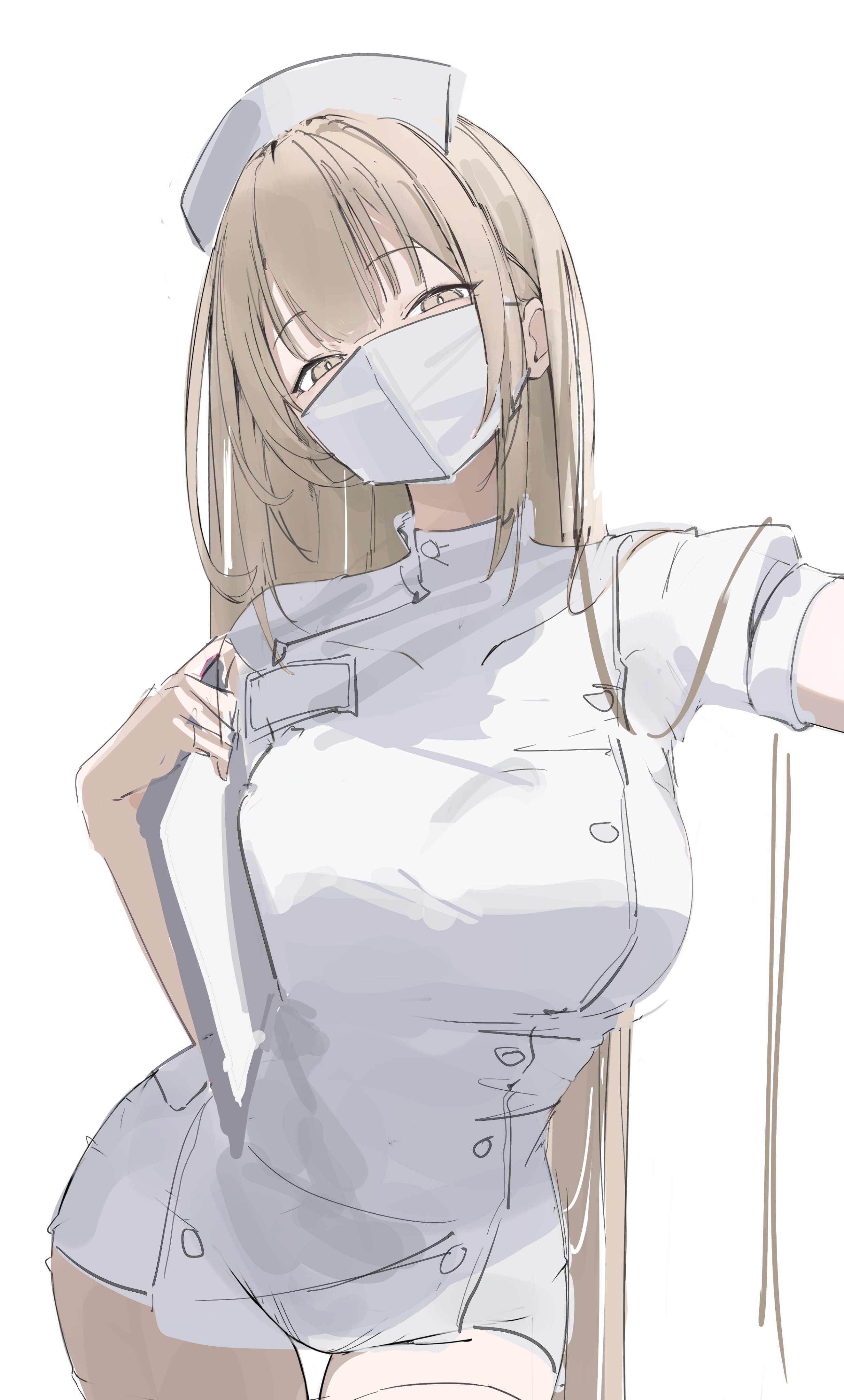 laneigu, yuzu (laneigu), original, absurdres, highres, 1girl, arm out of frame, blonde hair, breasts, facing viewer, hat, large breasts, long hair, looking at viewer, mask, mouth mask, narrowed eyes, nurse, nurse cap, out of frame, puffy short sleeves, puffy sleeves, raised eyebrows, short shorts, short sleeves, shorts, sidelocks, simple background, sketch, solo, standing, thighhighs, very long hair, white background, white mask, white shorts, white thighhighs, yellow eyes